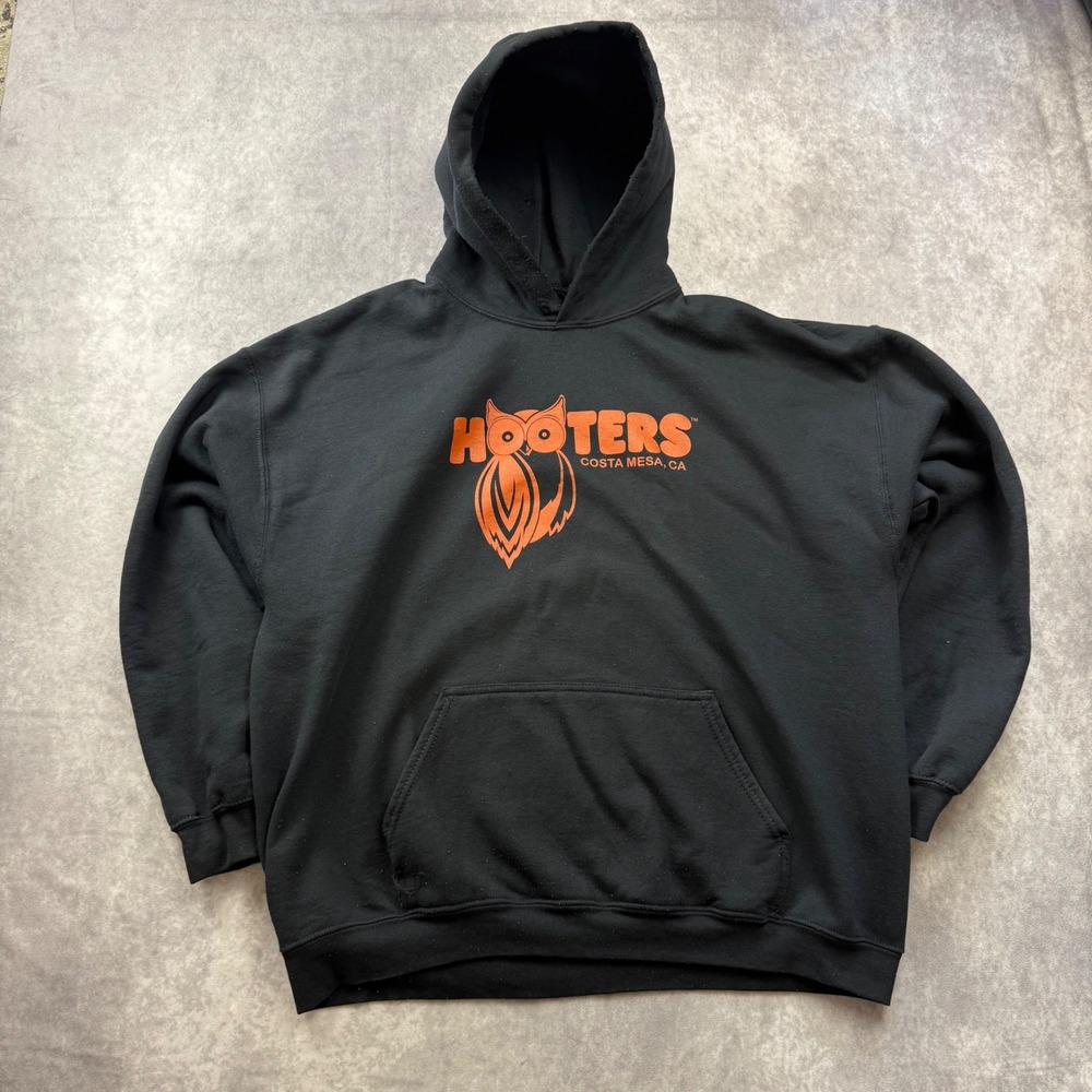 Hooters Costa Mesa CA Graphic Hoodie Mens 2XL Black Orange Owl Logo Pullover